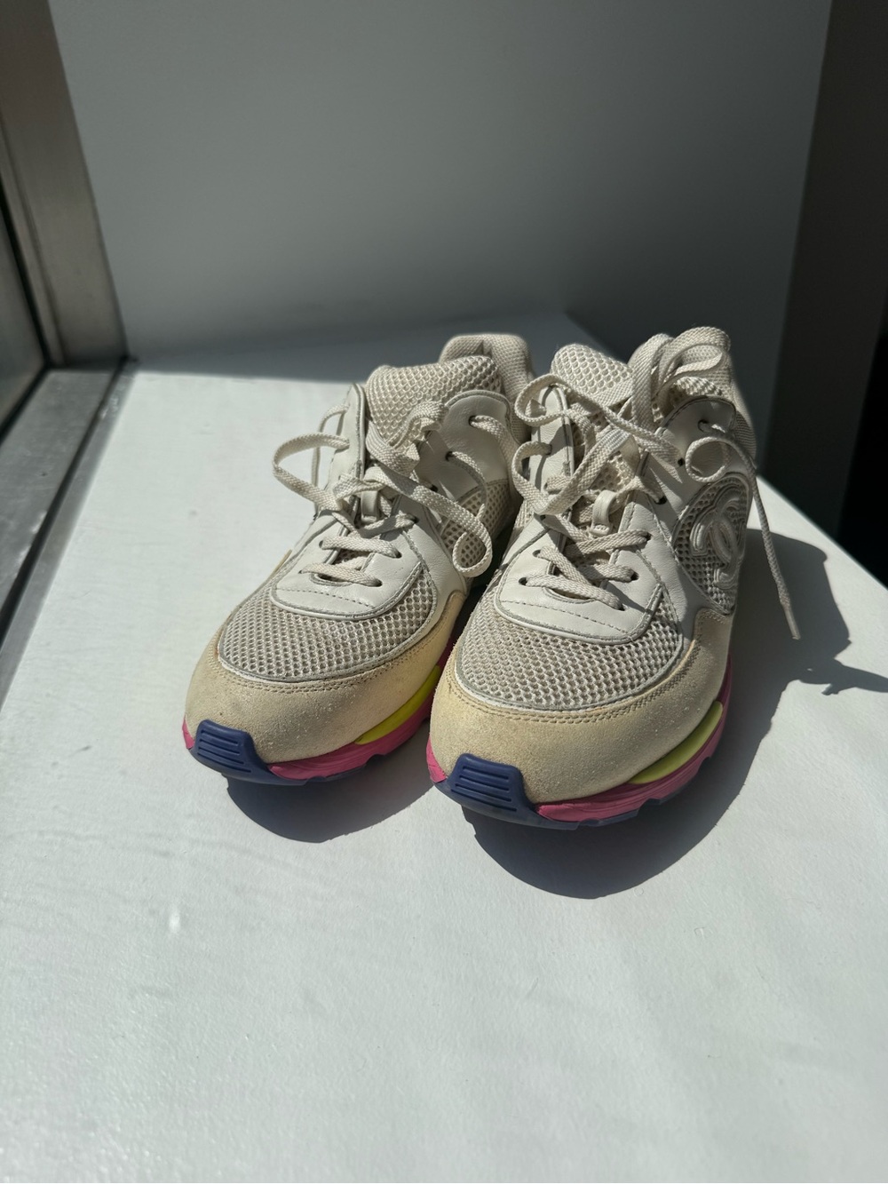 VINTAGE CHANEL White Leather & Suede CC Trainer with Pink, Green & Yellow Accent - Picture 5 of 11